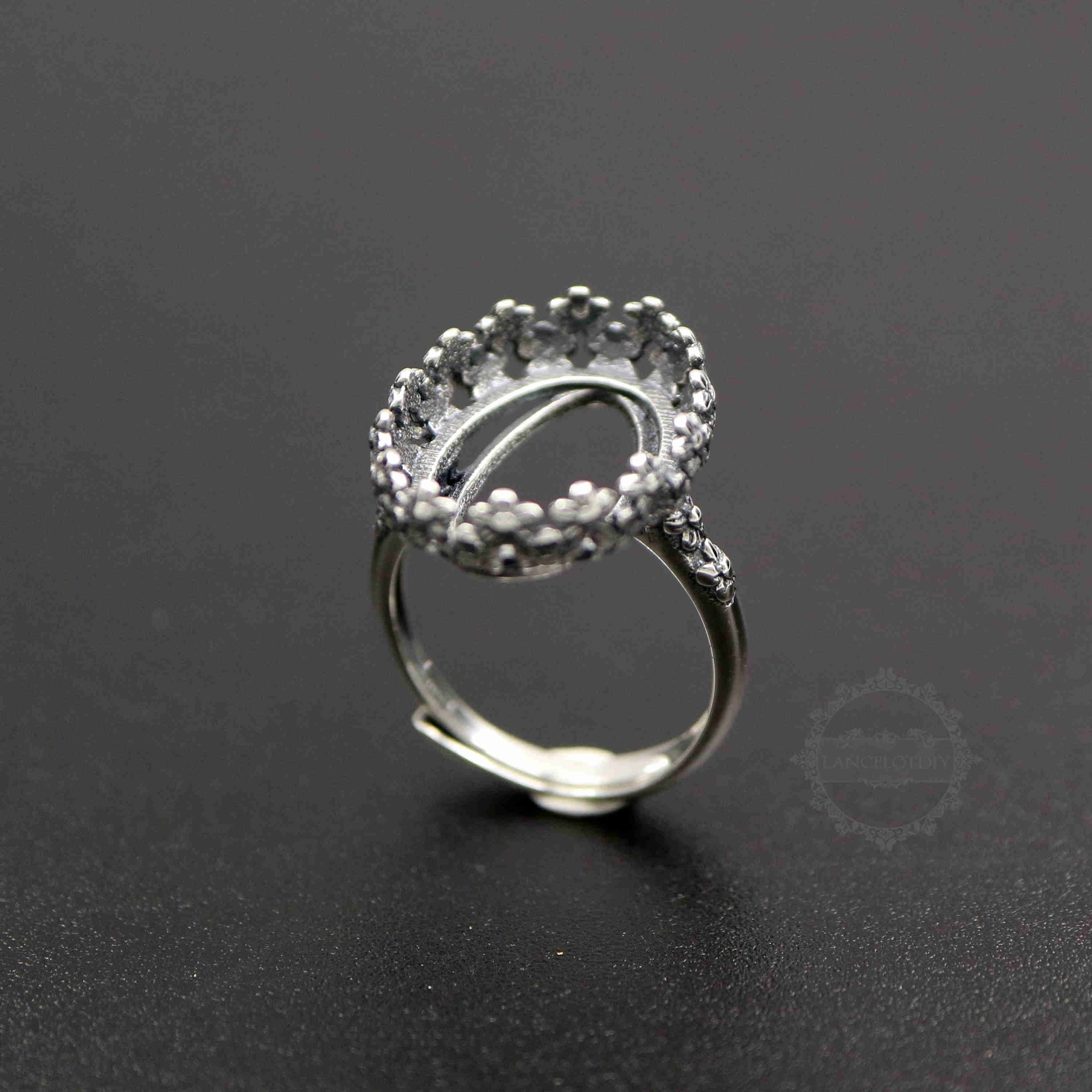 1Pcs 13X18MM Antiqued Oval Flower Bezel Solid 925 Sterling Silver Adjustable Ring Settings 1223085 - Click Image to Close